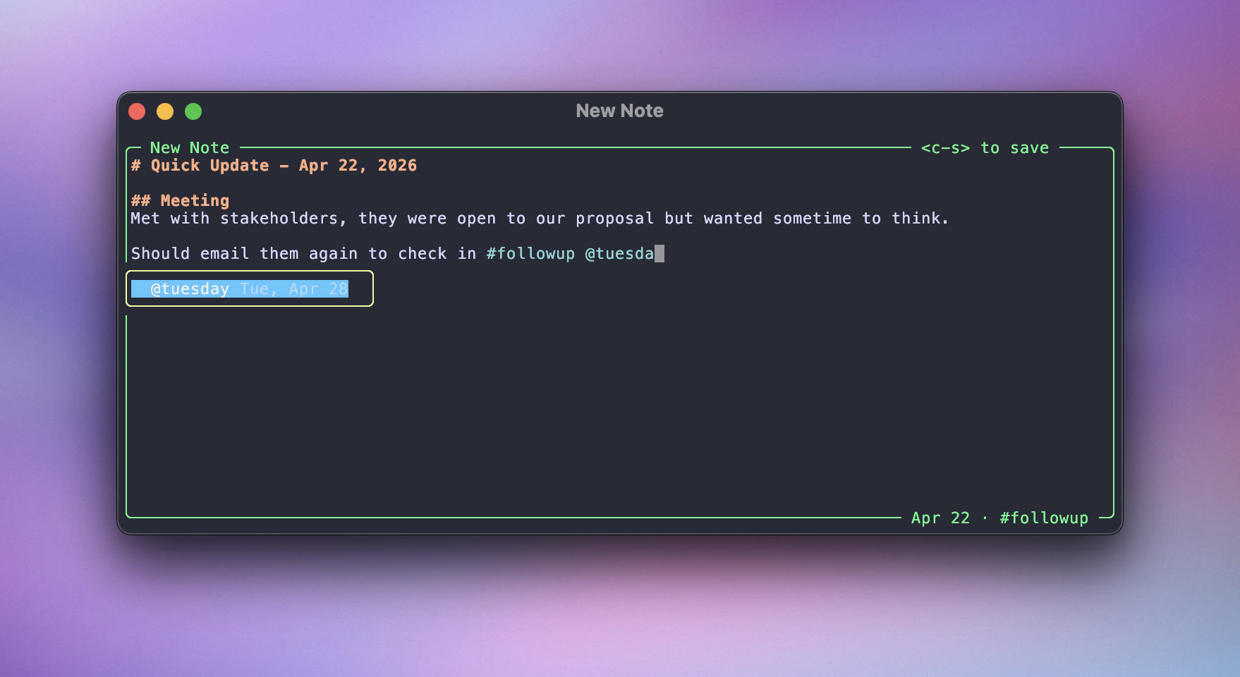 Lazyruin new note dialog with inline tag suggestions and date completion