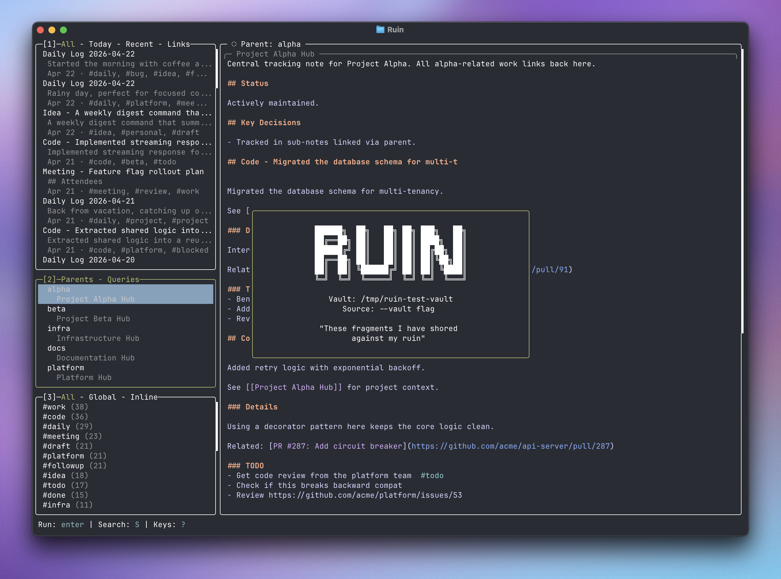 Lazyruin terminal interface showing a project note with parents, queries, and inline tags