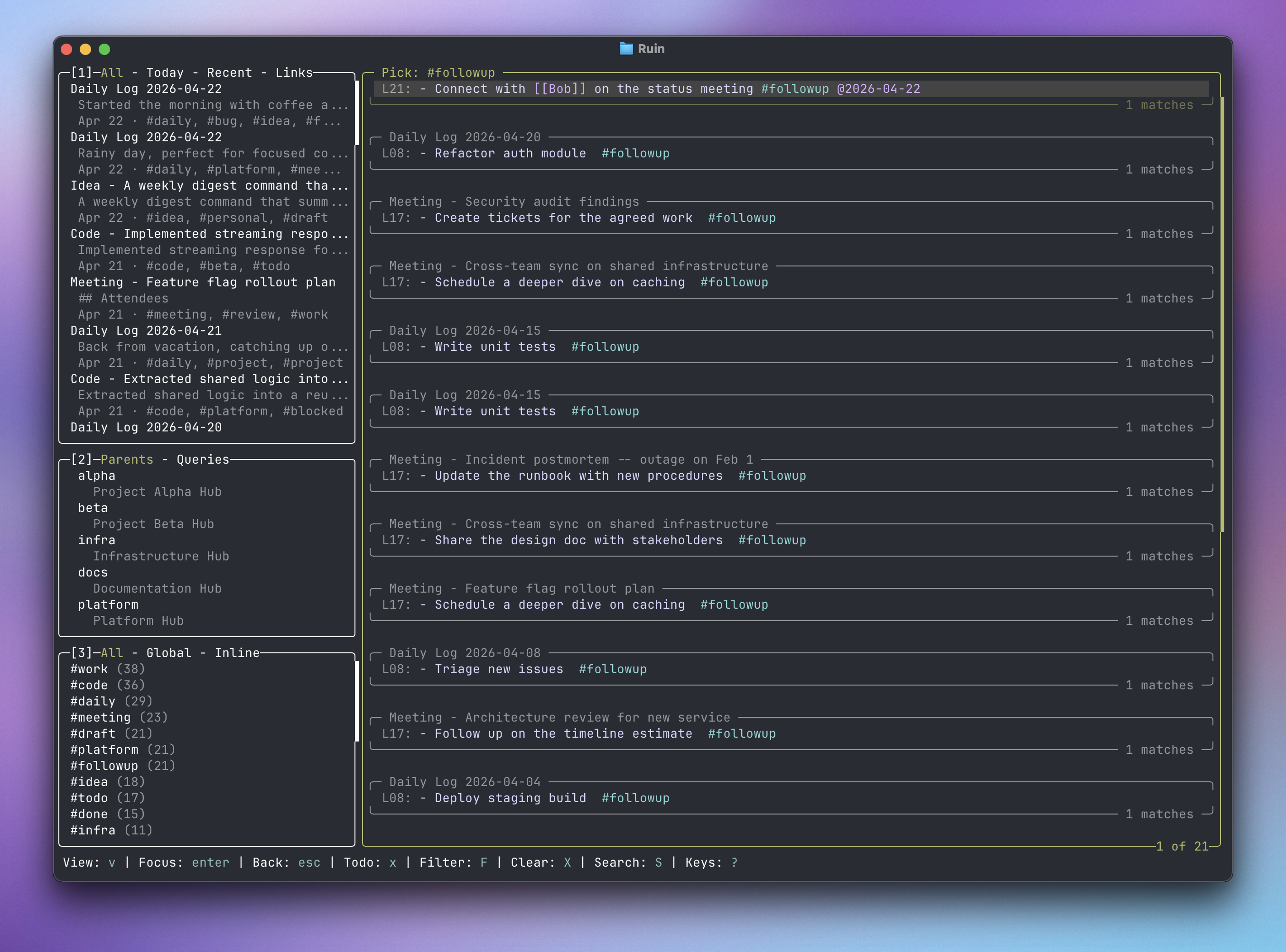 Lazyruin Pick view showing extracted #followup lines from across multiple notes